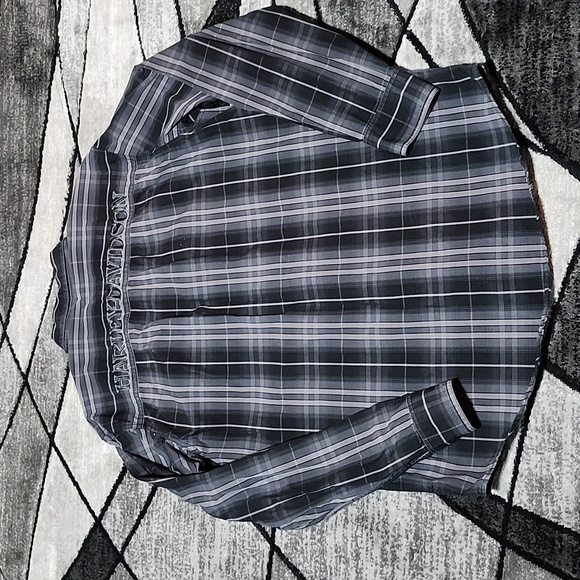 GENUINE HARLEY DAVIDSON EMBROIDERED BLACK & GRAY PLAID BUTTON LONG-SLEEVED SHIRT - Picture 11 of 14